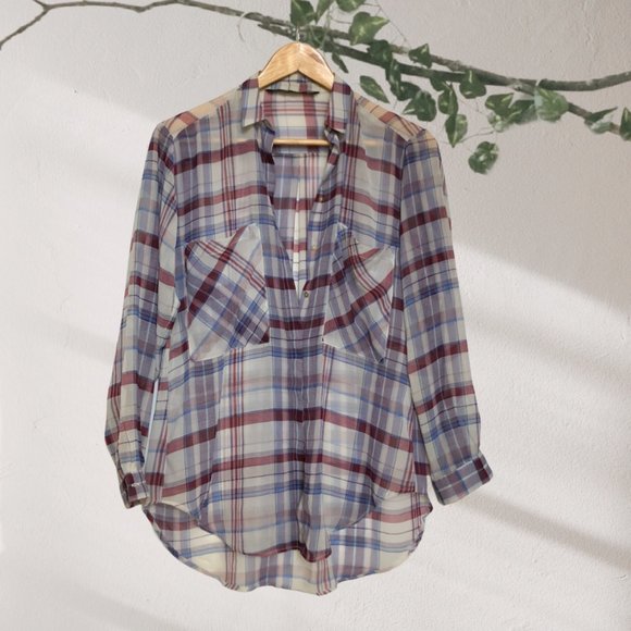 Zara Oversized Button-Down Sheer Blouse, Blue Plaid Print Top, Size XSmall - Picture 2 of 8